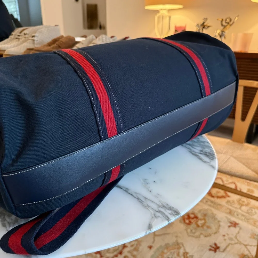 Gucci 816866 Duffle Bag Navy Canvas Red Blue Web Stripe Travel Weekend Bag